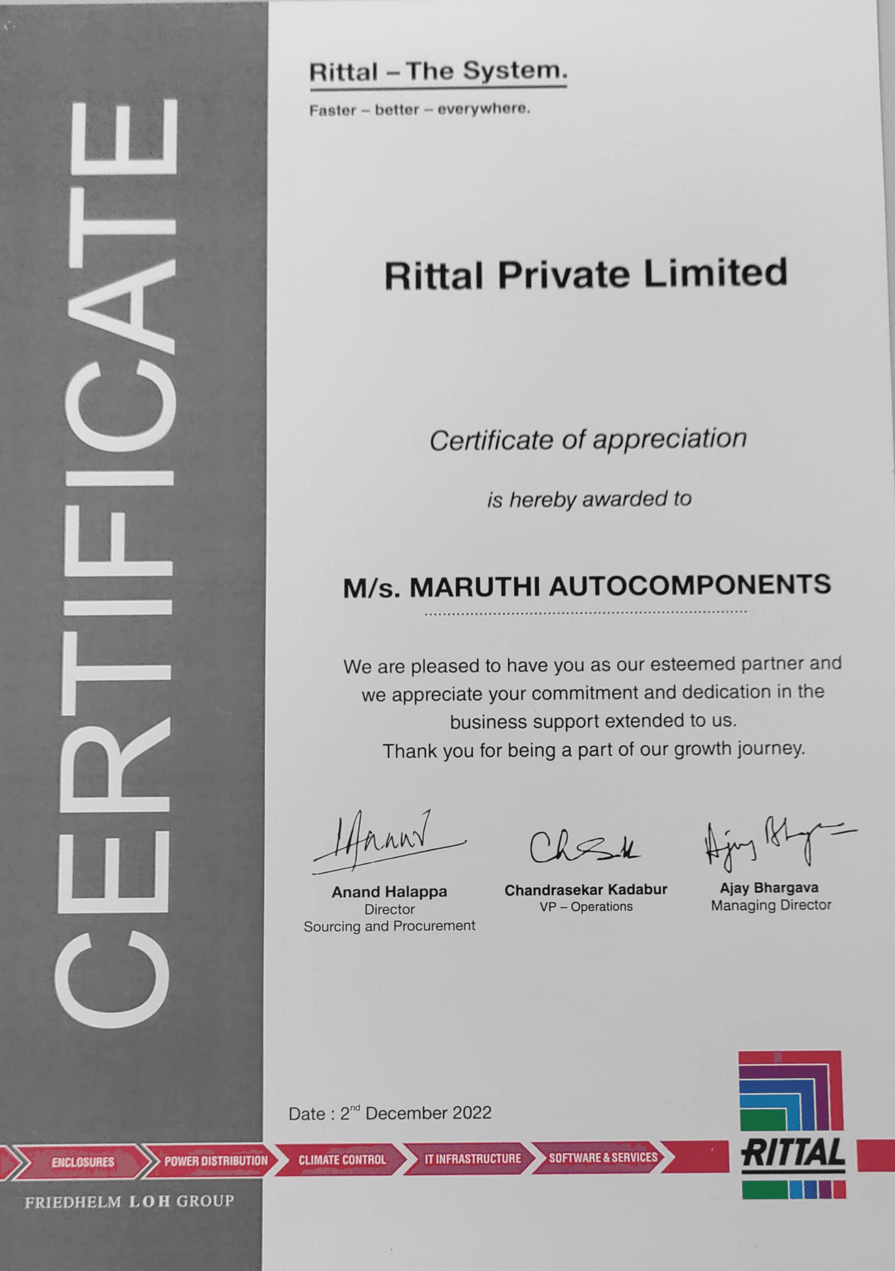 Certificate of Appreciation - Rittal